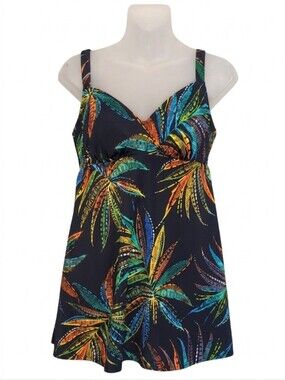 Swim Solutions Tropical Palm Print Skirted One Piece Swimsuit Dress Size 10